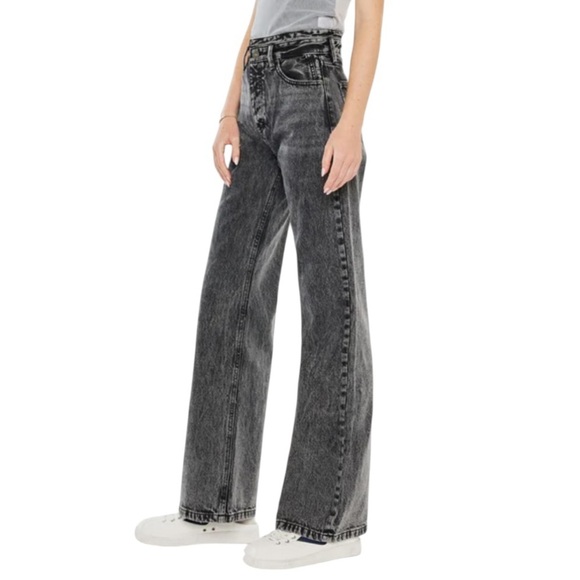 KANCAN Acid Washed Black High Rise Button Fly Wide Leg Cotton Denim Jeans - Picture 2 of 13